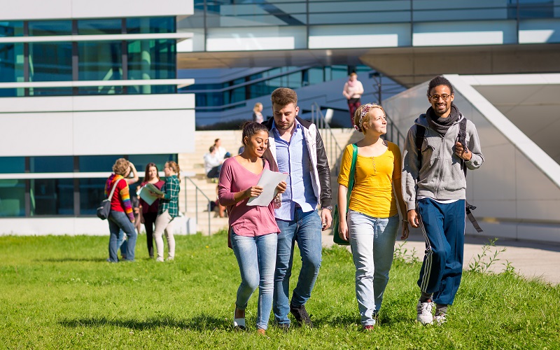 Vier Studierende spazieren gemeinsam auf der Wiese vor dem FH-Gebäude